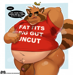anthro armpit_sweat_stain balls belly big_balls big_belly big_butt bottomless bottomless_anthro bottomless_male brown_body brown_fur butt clothed clothing darkened_genitalia darkened_penis foreskin fur genitals hand_behind_head huge_belly humanoid_genitalia humanoid_penis leaf leaf_on_head male moobs obese obese_anthro obese_male overweight overweight_anthro overweight_male penis shirt shirt_only solo sweat_stain text thick_thighs topwear topwear_only wide_hips el_booki fat_tits_big_gut_uncut booki_(character) canid canine mammal raccoon_dog tanuki english_text hi_res url
