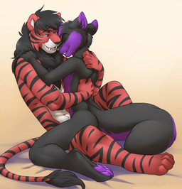 4_toes 5_fingers anthro anthro_on_anthro black_body black_fur black_hair black_stripes duo feet fingers fur hair hug looking_at_another male male/male orange_body orange_fur pawpads purple_body purple_fur purple_hair purple_pawpads red_eyes simple_background stripes toes white_body white_fur jailbird fiyahligerrawr sotheraverfox canid canine felid fox hybrid liger lion mammal pantherine 2015 digital_media_(artwork)