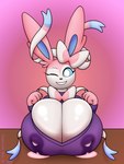 anthro big_breasts bodily_fluids breast_rest breasts cleavage cleavage_overflow clothed clothing female huge_breasts lactating lactating_through_clothing looking_at_viewer nipple_outline one_eye_closed solo wet wet_clothing wink winking_at_viewer chameloshi nintendo pokemon eeveelution generation_6_pokemon pokemon_(species) sylveon 2025 3:4 hi_res