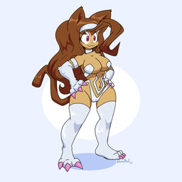 anthro big_breasts breasts brown_hair camel_toe cleavage clothed clothing cosplay crossover_cosplay female hair red_eyes side_boob smile solo tail under_boob gunshad capcom darkstalkers gameoverse glitch_productions felicia_(darkstalkers) kit_bodega domestic_cat felid feline felis mammal 1:1 absurd_res crossover hi_res