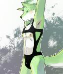 anthro arms_above_head athletic biceps blush bulge clothing eyes_closed fur green_body green_fur kemono latex leotard male muscular muscular_anthro nipples pecs raised_arm solo spandex stretching suggestive tight_clothing underwear guang_yang luwei_(artist) canid canine canis mammal wolf 2013