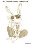 anthro barefoot bottomwear clothing dipstick_ears ear_markings eyewear feet female fur looking_at_viewer multicolored_ears necktie one_eye_closed pants shirt simple_background sitting smile solo sunglasses text topwear white_background wink izumi_h27 disney zootopia judy_hopps lagomorph leporid mammal rabbit 2020 english_text