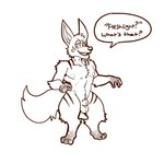 animal_genitalia anthro big_ears digitigrade fully_sheathed genitals male navel nipples nude pecs sheath short_stack soft_abs solo speech_bubble tail text barawerewolf anothereidos_of_dragon_vein_r amorey canid canine fox kobold mammal scalie 1:1 english_text hi_res monochrome orange_and_white