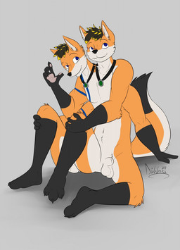 2_heads 3_legs 4_arms animal_genitalia anthro balls biped fully_sheathed genitals jewelry male multi_arm multi_balls multi_genitalia multi_head multi_leg multi_limb multi_penis multifur necklace nude penis plantigrade sheath sitting solo armeddillo huffzie canid canine fox mammal hi_res