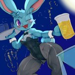 alcohol anthro athletic athletic_female beer beverage bodily_fluids bunny_costume clothing costume cottontail female hi_res kurasuto_(cottontail) lagomorph leotard leporid mammal nipple_slip one_eye_closed rabbit solo sweat thick_thighs wink