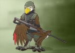 4_toes anisodactyl anthro anti-materiel_rifle armor avian_feet beak biped bottomwear brown_body brown_feathers claws clothed clothing digitigrade eyelashes feather_hands feathered_wings feathers feet female front_view fully_clothed gun headgear helmet holding_gun holding_object holding_ranged_weapon holding_weapon looking_at_viewer m107 military_uniform multicolored_body multicolored_feathers ranged_weapon red_body red_feathers solo standing talons toe_claws toes topwear uniform weapon white_body white_feathers wings yellow_beak yellow_eyes vader-san annie_the_eagle accipitrid accipitriform avian bald_eagle bird eagle sea_eagle 2016 digital_media_(artwork) full-length_portrait portrait shaded