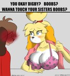 absurd_res animal_crossing anthro big_breasts blushing_profusely boobs?_wanna_touch_boobs? bra breasts brother_(lore) brother_and_sister_(lore) canid canine clothed clothing digby_(animal_crossing) duo female flashing flashing_breasts frilly frilly_clothing frilly_underwear hi_res implied_incest incest_(lore) inviting isabelle_(animal_crossing) looking_at_breasts male male/female mammal meme nintendo open_clothing open_shirt open_topwear shirt sibling_(lore) sister_(lore) topwear underwear vexxyvex