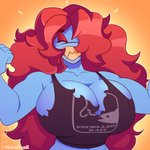 big_breasts breasts cleavage clothed clothing eyes_closed female flexing hair hair_over_eye hair_over_eyes huge_breasts long_hair nipple_outline not_furry one_eye_obstructed smile solo teeth torn_clothing yellow_teeth shoolmail undertale undertale_(series) undyne fish humanoid marine 1:1 absurd_res hi_res