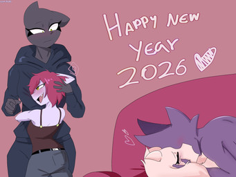 anthro black_body black_fur female female/female fur group hair kissing pink_body pink_fur purple_eyes red_hair kamino1 chloeli_(kamino1) floria_(kamino1) jelly_(kamino1) lobina_(kamino1) bat bovid canid canine canis caprine cougar demon felid feline goat mammal wolf 4:3 hi_res
