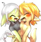 adult_(lore) anthro avian bamfear beak bird blonde_hair blush brown_body doneru duo embrace eyes_closed fangs feathers featureless_chest female female/female flat_chested green_body green_feathers grey_hair hair hug looking_at_another navel nude nuzzling quaise_(doneru) simple_background smile tail tany_(doneru) teeth white_background young young_anthro young_female