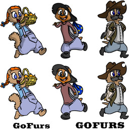 anthro backpack basket bindle black_hair buckteeth clothed clothing container facial_hair female food fruit group hair hat headgear headwear male mustache overalls pigtails plant red_hair smile teeth text taski gopher mammal rodent english_text