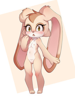 anthro areola blush eyelashes female flat_chested genitals looking_at_viewer nude solo standing surprised vulva young young_anthro young_female orez_art sega sonic_the_hedgehog_(series) cream_the_rabbit lagomorph mammal absurd_res hi_res