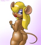 anthro blonde_hair blue_eyes bracelet breasts brown_body butt choker double_o_dale_gadget female hair jewelry lipstick looking_at_viewer makeup necklace nude pink_nose red_lipstick solo hirurux chip_'n_dale_rescue_rangers disney gadget_hackwrench mammal mouse murid murine rodent hi_res