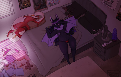 air_conditioner anthro bat_plushie bed bedding bedroom black_hair blanket blinds bodily_fluids body_pillow clothed clothes_on_floor clothing dakikamura dakimakura dark_room dildo ear_piercing eyewear fangs female fur furniture glasses hair hand_covering_face highlights_(coloring) neck_tuft nipple_piercing nipples panties panties_only piercing pillow plushie poster purple_body purple_fur purple_highlights red_clothing red_panties red_underwear rug sex_toy solo sweat teeth tinted_glasses topless tuft underwear underwear_only vibrator wand_vibrator wearing_glasses winged_arms wings trinitynight elden_ring fromsoftware ember_(xjax1) victoria_windsong bat leaf-nosed_bat mammal microbat vampire vampire_bat yangochiropteran absurd_res hi_res