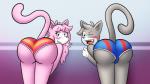 anthro bent_over big_butt black_nose briefs butt clothing countershading duo female looking_at_viewer male one_eye_closed panties rear_view simple_background underwear wink miles57 vg_cats aeris_(vg_cats) leo_(vg_cats) domestic_cat felid feline felis mammal 16:9 4k absurd_res hi_res widescreen