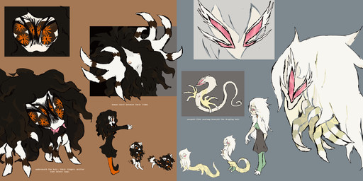 duo female feral flat_chested multi_eye multi_limb nipples text 2n2n arachnid arthropod human humanoid mammal monster spider viverrid absurd_res digital_media_(artwork) english_text hi_res microsoft_paint_(artwork) model_sheet
