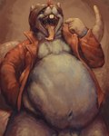 abdominal_bulge anthro belly belly_focus big_belly brown_hair close-up clothing fur grey_body grey_fur hair holding_belly huge_belly jacket jacket_only long_tail long_tongue male moobs mostly_nude navel obese obese_anthro obese_male open_mouth overweight overweight_anthro overweight_male pointing_at_mouth red_clothing red_jacket red_topwear simple_background solo tail thick_tail thick_thighs thigh_up tongue topwear wide_mouth nommz grendel_(character) mammal murid murine rat rodent 2015 4:5 hi_res