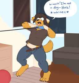 ambiguous_gender anthro belt black_nose blue_bottomwear blue_clothing blue_collar blue_pants bodily_fluids body_part_growth bottomwear brown_clothing brown_eyes brown_hair brown_shirt brown_t-shirt brown_topwear claws clothing collar dialogue digitigrade floppy_ears fluffy forced fur fur_growth growth hair human_to_feral leash leash_pull loss_of_speech mid_transformation navel open_mouth pale_skin pants paws reality_shift resisting saliva shirt snout snout_growth solo species_transformation speech_bubble struggling t-shirt tail tail_growth tan_body tan_fur teeth text tongue topwear transformation transformative_collar verbal_reaction_to_tf robertge canid canine canis domestic_dog human humanoid mammal 2022 english_text full-length_portrait portrait