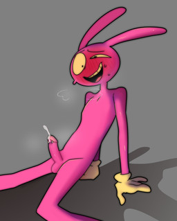4_fingers anthro aroused aroused_smile balls blush bodily_fluids breath cum ejaculation fingers frenum_piercing genital_fluids genital_piercing genitals hands-free male penis penis_piercing piercing sitting sitting_on_ground slim solo sweat sweatdrop karnthud glitch_productions the_amazing_digital_circus evil_jax_(tadc) lagomorph leporid mammal rabbit absurd_res hi_res