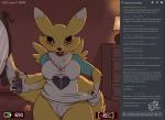 2019 anthro bandai_namco black_sclera blue_eyes blush bottle bottomless breasts broken_heart canid canine chat clothed clothing container digimon digimon_(species) discord_(app) english_text female fur genitals hi_res hyenatig_(artist) lipstick livestream makeup mammal nipple_outline open_mouth pubes pussy renamon slightly_chubby solo standing text thick_thighs yellow_body yellow_fur