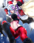 2018 arc_lauren belt big_breasts boots bottomwear breasts christmas christmas_clothing cleavage clothed clothing demon demon_humanoid eyewear female footwear glasses gloves hair handwear hi_res high_heeled_boots high_heels holding_bag holidays horn humanoid midriff multicolored_hair navel nipple_outline not_furry pants shaded signature snow solo vivica_(akukun) wings