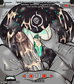 after_sex balls biped black_body bodily_fluids cum cum_in_mouth cum_inside detailed_background dialogue duo eyeless front_view genital_fluids genitals glistening glistening_body inside male multicolored_body not_furry penis recording text thick_thighs tongue tongue_out white_body ze_blackball.d the_gatherer_(ze_blackball.d) humanoid absurd_res english_text hi_res