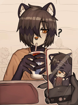 anthro black_hair bodily_fluids container cup disembodied_penis drinking drinking_straw duo facial_piercing fellatio female female_penetrated genitals hair hair_over_eye humanoid_genitalia humanoid_penis male male/female male_penetrating male_penetrating_female nose_piercing nose_ring oral penetration penile penis penis_in_mouth piercing ring_piercing ruined_reputation saliva sex conditional_dnp puppyemonade mcdonald's flan_(puppyemonade) domestic_cat felid feline felis mammal hi_res