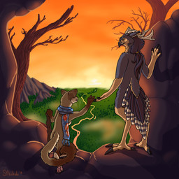 4_fingers anthro antlers breasts brown_body brown_fur cane claws cloud dead_tree duo feathers featureless_breasts feet female fingers forest fur grass hair holding_object horn inner_ear_fluff male mountain multicolored_body multicolored_fur nude pawpads paws plant ponytail reaching_out river rock scarf standing striped_feathers sunset tail tail_feathers talons tan_body tan_fur toes tree tuft walking vulkalu avian bird deer domestic_cat falcon falconid felid feline felis hybrid mammal peregrine_falcon 1:1 hi_res