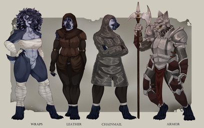 anthro armor big_breasts breasts chainmail chest_tuft collar fangs fantasy female genitals halberd huge_breasts leather melee_weapon muscular muscular_anthro muscular_female plump_labia polearm short_tail solo spiked_collar spikes tail teeth text tuft vulva weapon wrappings unposturedfile narita_vilores hyena mammal english_text hi_res