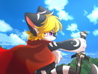 anthro big_eyes biped black_body black_fur cute_fangs fangs fur holding_melee_weapon holding_object holding_sword holding_weapon kemono male melee_weapon pink_eyes slim_anthro slim_male solo sword teeth weapon white_body white_fur hlg7777 canid canine fox mammal 2020 4:3 hi_res