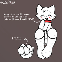 anthro bodily_fluids clothing collar cute_fangs dialogue fangs feet femboy footwear fur genital_fluids leaking leaking_precum low-angle_view lying male precum presenting shy socks solo teeth text white_body white_fur lspagf boy_kisser_(meme) felid feline mammal 1:1 absurd_res english_text hi_res meme