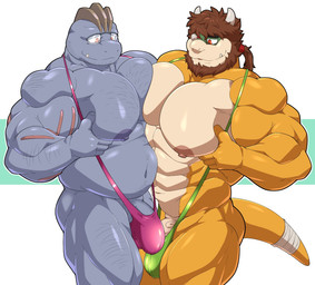 abs anthro arm_hair bandage barazoku beard big_nipples body_hair brown_hair bulge bulge_frottage butt chest_hair clothing comparing comparing_muscles duo eye_patch eyewear facial_hair genitals glasses green_clothing green_swimwear hair holding_chest holding_pecs horn leg_hair male male/male musclegut muscular muscular_anthro muscular_male navel nipples one-piece_swimsuit pec_frottage pec_squish pecs penis pink_clothing pink_swimwear ponytail red_eyes sharp_teeth simple_background sling_bikini smile swimwear tail teeth vein veiny_penis wearing_glasses white_background maldu mario_bros nintendo pokemon alexander_robert_fanghead flint_steel dragon_koopa generation_1_pokemon koopa machoke pokemon_(species) scalie hi_res