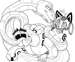 ambiguous_gender anthro blush bodily_fluids duo ear_piercing ear_ring female feral forked_tongue hoop_ear_ring hypnosis mind_control nude nude_anthro nude_female piercing ring_piercing scales sweat sweatdrop tail tongue tongue_out daigaijin nyarai_(furryfight_chronicles) tech_(irkingir) cheetah felid feline mammal reptile scalie snake 6:5 hi_res monochrome