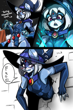 5_fingers anthro blue_body blue_fur blush book bulge clothing cosplay dialogue feet fingers forehead_gem fur gem hair hat headgear headwear magic_user male open_mouth profanity purple_eyes solo stuck text through_wall toes white_body white_fur white_hair witch_hat zzvinniezz dc_comics raven_(dc) canid canine mammal 2025 2:3 absurd_res comic english_text hi_res