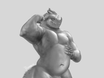 anthro barazoku belly biceps bronach claws flexing flexing_bicep flexing_muscles genitals horn male musclegut muscular muscular_anthro muscular_arms muscular_male navel nipples non-mammal_nipples nude nude_anthro nude_male pecs penis penis_base simple_background solo standing tail european_mythology mythology dragon mythological_creature mythological_scalie scalie western_dragon 4:3 hi_res monochrome