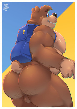 anthro backpack backpack_only balls barazoku big_butt big_muscles big_pecs black_nose blue_eyes body_hair brown_body brown_fur bubble_butt butt butt_hair facial_hair fur genitals male musclegut muscular nipples overweight overweight_anthro overweight_male pecs rear_view short_tail smile solo tail boar_on_board banjo-kazooie rareware banjo_(banjo-kazooie) bear mammal 2025 absurd_res hi_res