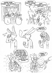 alcohol anthro beverage cigarette comic dialogue drinking duo english_text felid food humor lagomorph leporid male mammal monochrome rabbit rayfkm text