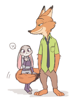 anthro bottomwear brown_body brown_fur cheek_tuft clothed clothing dipstick_ears duo ear_markings ears_down facial_tuft fully_clothed fur grey_body grey_fur hand_in_pocket hands_in_both_pockets interrobang multicolored_ears necktie pants pivoted_ears pockets police police_uniform shirt simple_background smile standing toeless_legwear topwear tuft uniform white_background うあさ disney zootopia judy_hopps nick_wilde canid canine fox lagomorph leporid mammal rabbit red_fox true_fox