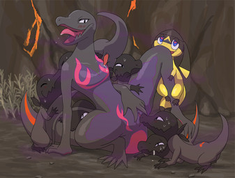 animal_genitalia anthro anthro_on_feral aphrodisiac bestiality black_body black_scales blush bodily_fluids cloaca collarbone cum erection female female_on_feral feral genital_fluids genitals group harem heart_symbol imminent_sex kemono lava leaning leaning_backward male nude open_mouth outside penis pheromones pink_body pink_scales presenting presenting_vulva pupils purple_body purple_eyes purple_scales raised_leg saliva scales slit_pupils spread_legs spreading sweat tongue tongue_out volcano vulva enon third-party_edit nintendo pokemon generation_6_pokemon generation_7_pokemon helioptile lizard pokemon_(species) reptile salandit salazzle scalie censor_removal_edit digital_media_(artwork)