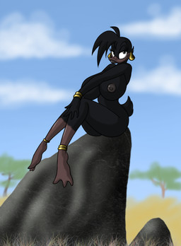 alternate_color anthro beak big_breasts black_body black_coded breasts cloud dark_body dark_skin ear_piercing female looking_at_viewer nipples non-mammal_breasts nude outside piercing plant sky smile solo tree tribal wood lordstevie disney daisy_duck anatid anseriform avian bird duck hi_res