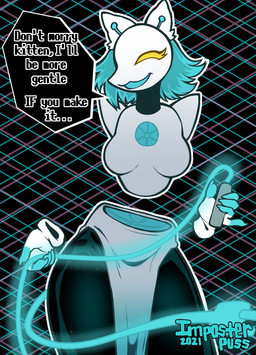 abstract_background anthro blue_hair breasts clothed clothing dialogue female floating_hands glowing glowing_weapon hair holding_object holding_whip machine open_mouth open_smile smile solo speech_bubble talking_to_viewer text whip yellow_eyes imposterpuss deltarune undertale_(series) tasque_manager darkner felid mammal robot 2021 english_text