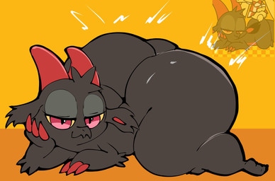 2_horns ambiguous_gender anthro arm_tuft big_butt black_body butt elbow_tuft head_tuft horn looking_at_viewer lying mouth_closed narrowed_eyes nude_anthro on_front red_eyes red_horn solo tuft yellow_sclera cay_cant_draw chikn_nuggit mythology fwench_fwy_(chikn_nuggit) dragon mythological_creature mythological_scalie scalie 2026 digital_media_(artwork) full-length_portrait hi_res portrait nonbinary_(lore)