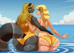 anthro bedroom_eyes big_butt bikini black_body black_fur blonde_hair blue_eyes butt closed_smile clothing cloud duo female female/female fur hair lips long_hair looking_at_viewer looking_back looking_back_at_viewer markings mature_female mouth_closed narrowed_eyes one-piece_swimsuit outside sea seductive sky smile smirk striped_markings striped_tail stripes swimwear tail tail_markings tailless thick_bottom_lip thick_thighs two-piece_swimsuit water wet wet_body wet_clothing wide_hips nightfaux mrs._hudson naomi_rasputin canid canine canis domestic_dog mammal procyonid raccoon 2023