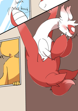 3_fingers blush building cheek_tuft duo eyes_closed faceless_character faceless_male facial_tuft female feral fingers fur hair head_tuft humor joke male prank question_mark red_body red_fur simple_background teeth tuft white_body white_fur white_hair window wings nurunuruparty26 nintendo pokemon anonymous_character avery_(latias) generation_3_pokemon human latias legendary_pokemon mammal pokemon_(species) 2025 absurd_res english_description hi_res