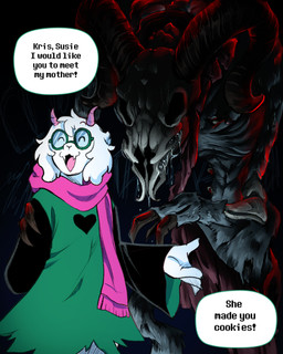 2_horns ambiguous_gender anthro backlighting bodily_fluids bone clothed clothed_anthro clothing dialogue drooling duo eyebrows eyewear fur glasses green_clothing green_robe horn light open_mouth open_smile pink_scarf robe saliva scarf size_difference skull skull_head smile speech_bubble text wearing_glasses white_body white_fur artsyrean deltarune undertale_(series) ralsei bovid caprine darkner goat mammal monster 2025 absurd_res digital_drawing_(artwork) digital_media_(artwork) english_text hi_res lighting male_(lore) mother_(lore) mother_and_child_(lore) mother_and_son_(lore) parent_(lore) parent_and_child_(lore) parent_and_son_(lore) son_(lore)