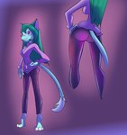 anthro barefoot breasts butt clothed clothing digitigrade dipstick_tail feet female fur green_body green_fur green_hair hair markings purple_eyes rear_view solo tail tail_markings dvillai dreamkeepers lilith_calah domestic_cat felid feline felis mammal hi_res