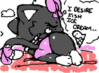 accessory ambiguous_gender anthro barefoot bow_ribbon butt clothed clothed_ambiguous clothed_anthro clothing ellipsis eyelashes eyes_closed facial_tuft feet food fur furgonomics grey_body grey_ears grey_fur grey_tail leg_markings lying markings on_side one-piece_swimsuit pink_ribbon rear_view sleeping socks_(marking) solo squigglevision swimwear tail tail_accessory thinking thought_bubble tuft white_body white_inner_ear ligma_(artist) jewelpet sanrio sega sega_fave diana_(jewelpet) domestic_cat felid feline felis mammal 2025 2d_animation animated archived_source digital_drawing_(artwork) digital_media_(artwork) low_res wigglypaint_(artwork) female_(lore)