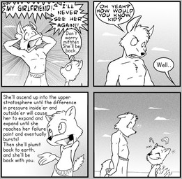 anthro beach beach_rivalry clothed clothing cloud dialogue duo male outside science seaside sky tail text topless young young_anthro greyofpta canid canine canis mammal wolf comic english_text greyscale monochrome