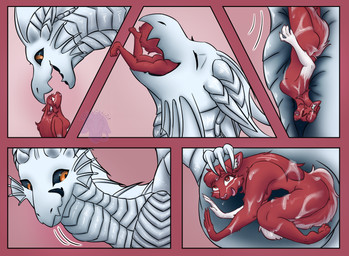 2_horns anthro belly black_tongue claws comic_panel duo female feral hair horn internal long_hair male male/female oral_vore orange_eyes red_body red_hair swallowing tongue vore white_body lien_kitoki mythology domestic_cat dragon felid feline felis mammal mythological_creature mythological_scalie scalie comic