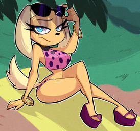 anthro beach_towel big_breasts bikini blonde_hair blue_eyes bracelet breasts clothing collar crossed_legs eyelashes eyewear eyewear_on_head female footwear fur grass hair halter_bikini halter_top jewelry long_eyelashes looking_at_viewer navel outside pink_bikini pink_clothing pink_swimwear plant platform_footwear platform_sandals purple_clothing purple_footwear purple_sandals sandals shoes sitting small_waist solo sunglasses sunglasses_on_head swimwear tail tan_body tan_fur thick_thighs towel tree two-piece_swimsuit wasp_waist nelljoestar brandy_and_mr._whiskers disney brandy_harrington canid canine canis domestic_dog mammal 2025 hi_res